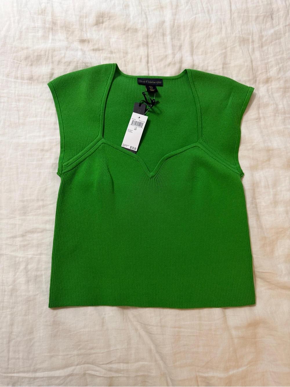 NWT House of Harlow 1960 Bright Green Ribbed Cap-Sleeve Knit Top Size Large
